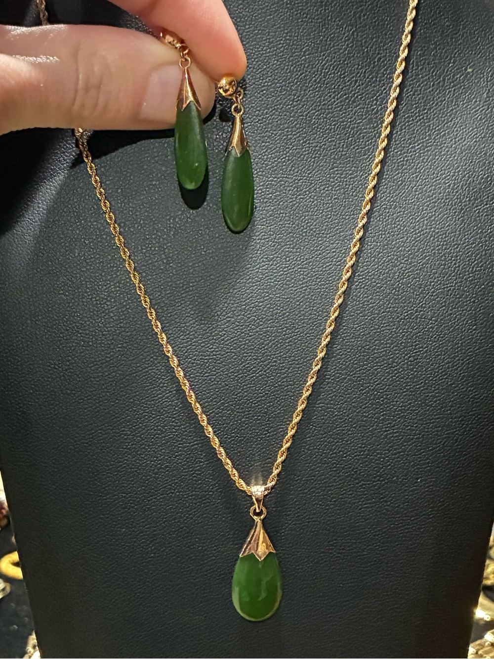 Vintage Jadeite Gold Filled Necklace & Earring Set